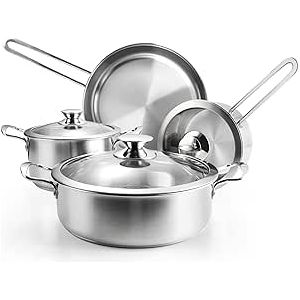 Casabonda Stainless Steel Pots and Pans Set, 7-Piece Kitchen Cookware Sets with Glass Lids, Stay-Cool Handle, Oven Safe, Works with Induction/Electric and Gas Cooktops, Dishwasher