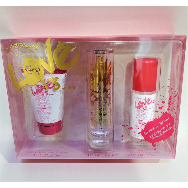 Ed Hardy Love Is 3 Piece Set, 100ml Eau De Parfum, 125ml Shower Gel, 125ml Hair Mist - AGSWHOLESALE